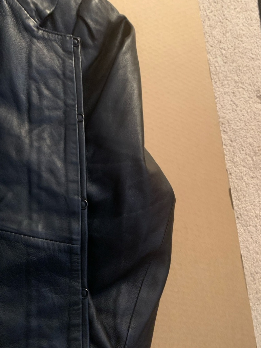 White House Black Market Black Leather Ruffle-Front Jacket. - Picture 6 of 12